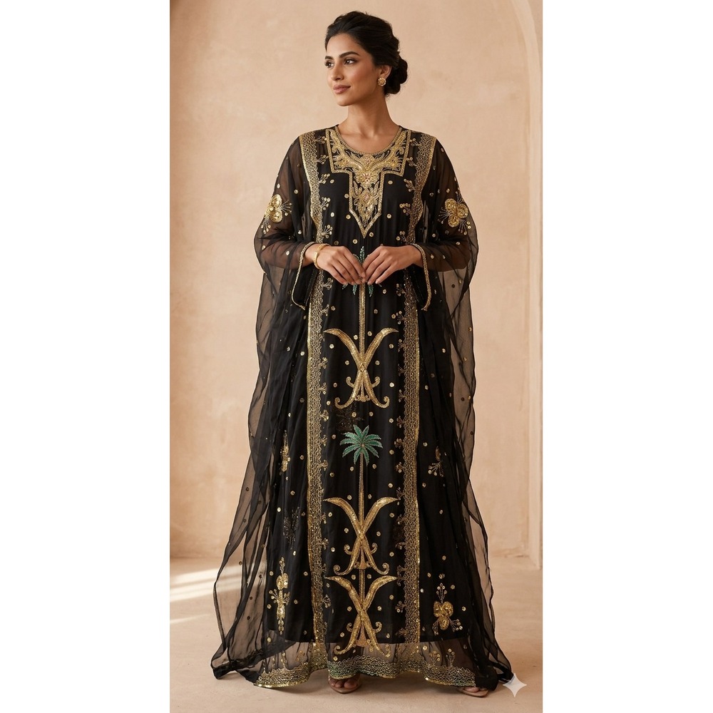 SheerBlack Kaftan GoldThread Palm Tree Embroidery Sequin Embellished Long Dress